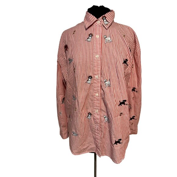 Teddi Red‎ White Striped Shirt with Embroidered Dogs – Size Large - Picture 1 of 13